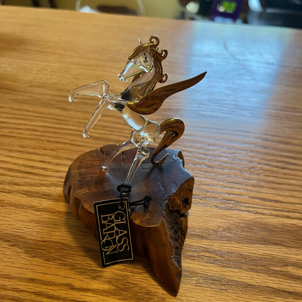 Glass Baron Horse Figurine 22KT Gold on Wood Base